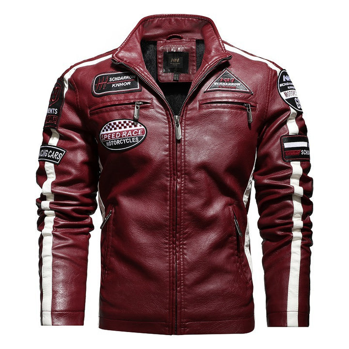 Men's Racing-Style Faux Leather Jacket with Patches, Contrast Stripes and Stand-Up Collar Mune Fashion