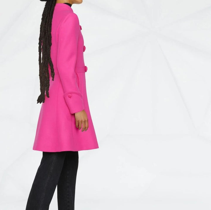 Women's Mid-Length A-Line Coat with Stand-Up Collar and Decorative Loop Closure Mune Fashion