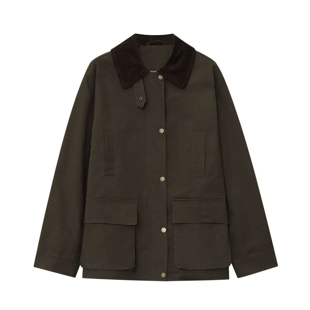 Women's field jacket in parka style with corduroy collar, snap button closure, and patch front pockets Mune Fashion