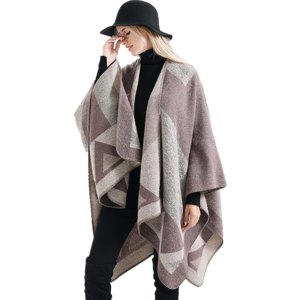Women's Versatile Wool Blend Throw Poncho with Geometric Jacquard and Open Front