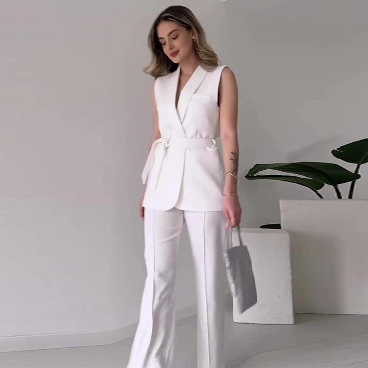Women's Sleeveless Blazer Set with Tailored Tie Belt and High-Waist Flared Pants Mune Fashion