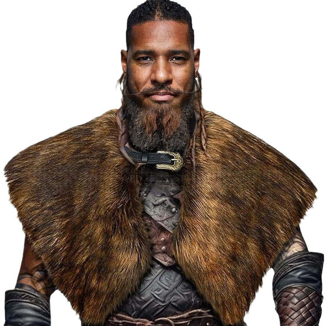 Men's historically inspired faux fur shoulder cape with leather straps Mune Fashion