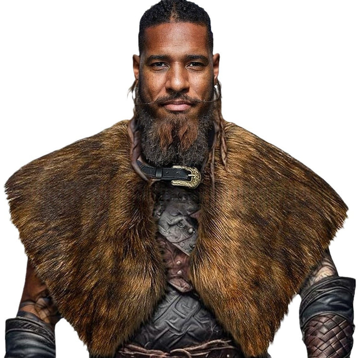 Men's historically inspired faux fur shoulder cape with leather straps Mune Fashion