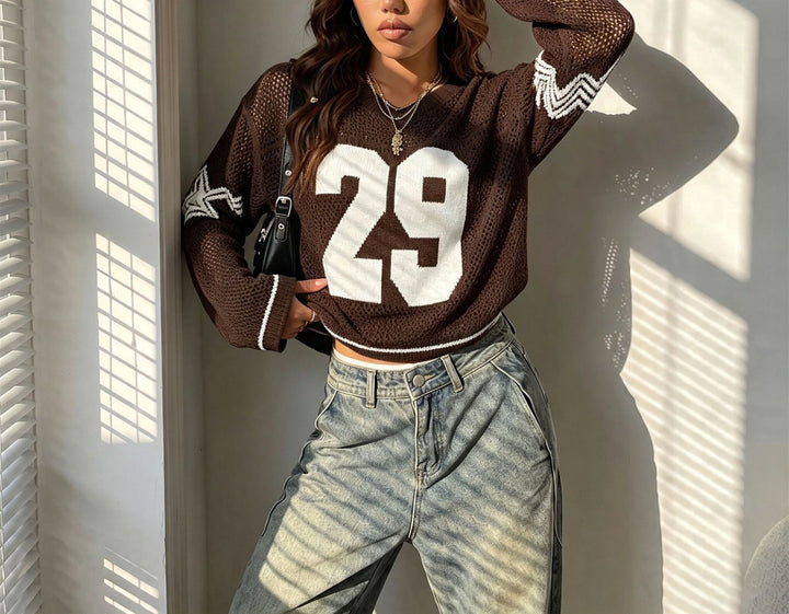 Women Oversize Mesh Knit Cropped Pullover with V-Neck Mune Fashion