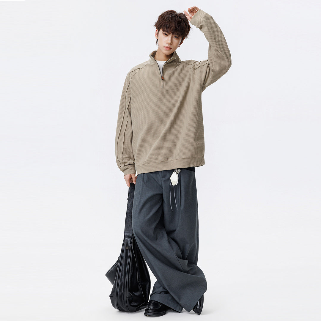 Unisex Waffle Structure Half-Zip Pullover with Stand-Up Collar and Oversized Cut Drune