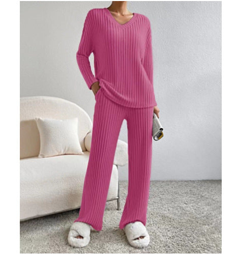 Women Cozy Ribbed Knit Loungewear Set with V-Neck and Wide Leg Mune Fashion