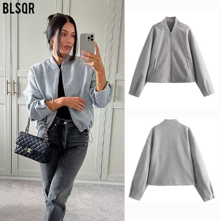 Women's Boxy Bomber Jacket with Stand-Up Collar, Dropped Shoulders and Concealed Zipper Mune Fashion