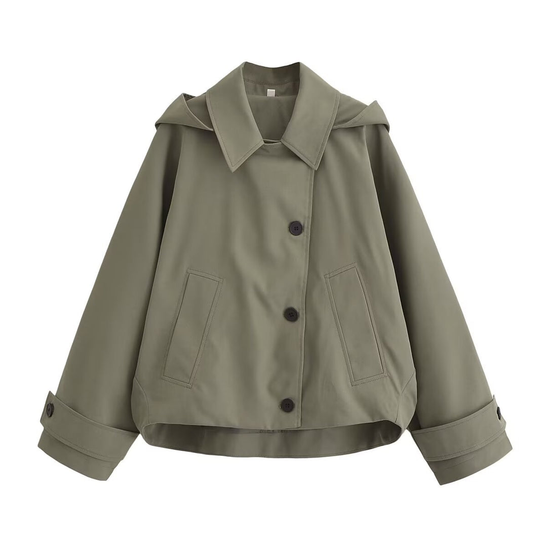 Women Short Oversized Trench Coat with Lapel Collar and Epaulettes Mune Fashion