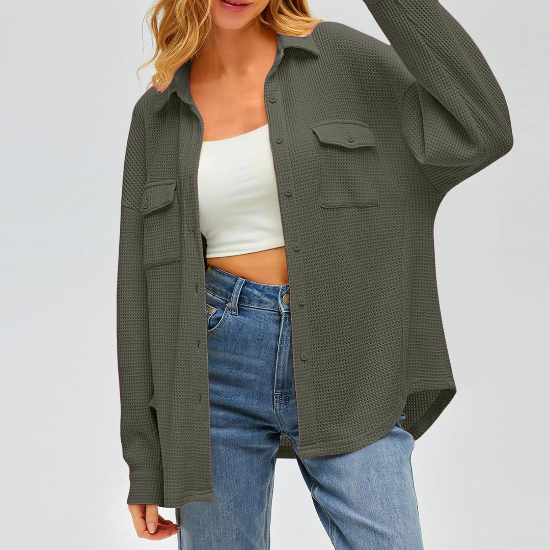 Women's oversized waffle knit shirt jacket with chest pockets and button placket Mune Fashion