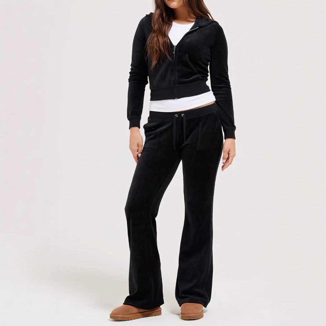Women's Velvet Cropped Zip Jacket with Kangaroo Pocket and High-Cut Cuffed Pants Mune Fashion