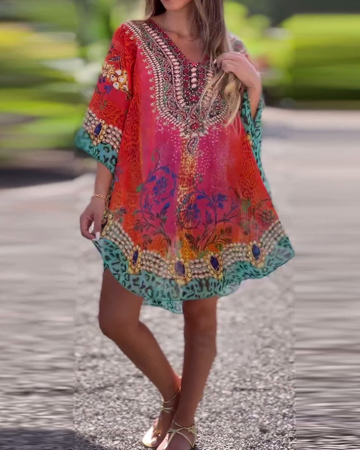 Women's short tunic kaftan with embellished V-neck and floral-animal border Mune Fashion