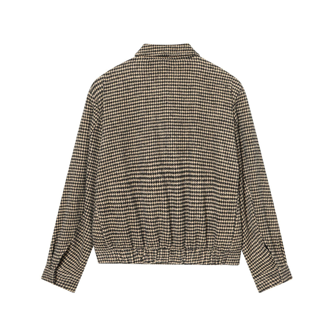Women Boxy Short Jacket made of Wool Blend with Houndstooth Pattern, Zipper and Shirt Collar Mune Fashion