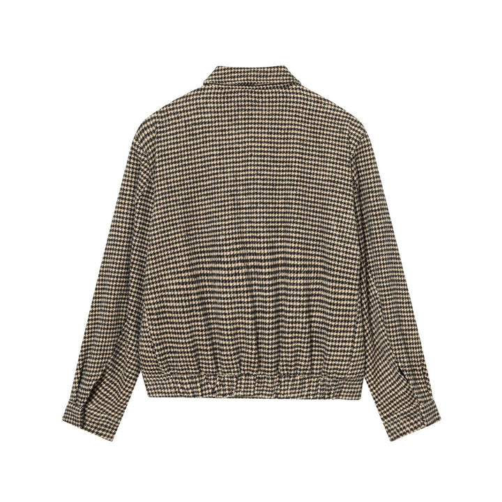 Women Boxy Short Jacket made of Wool Blend with Houndstooth Pattern, Zipper and Shirt Collar Mune Fashion
