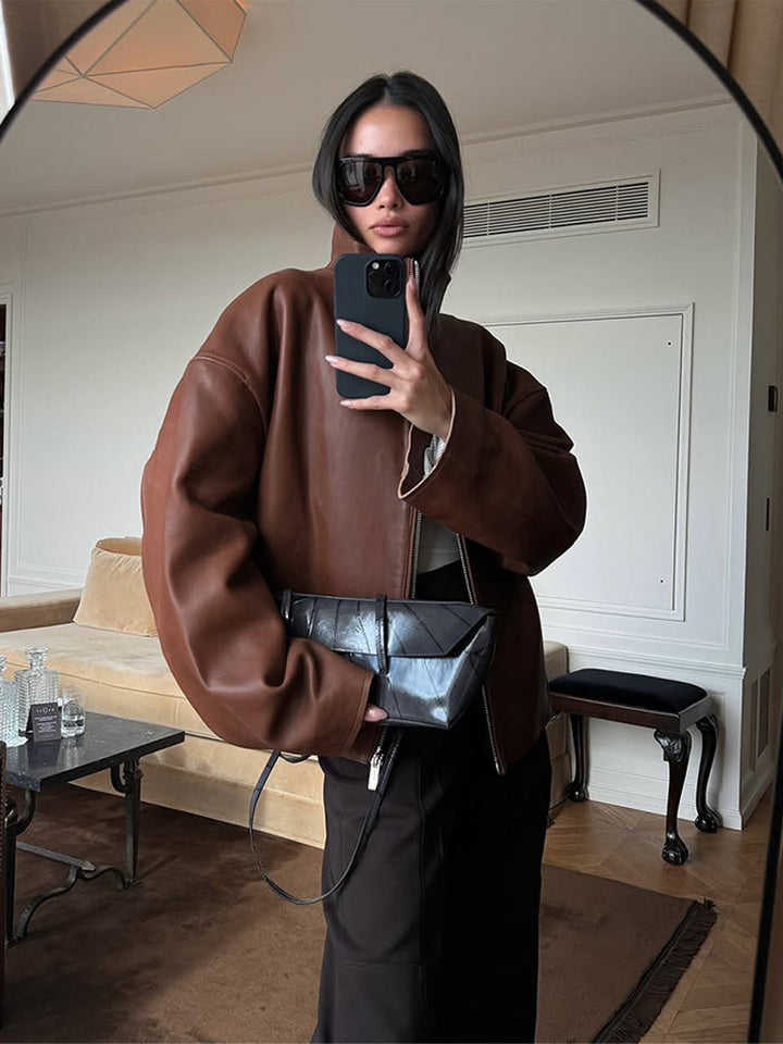 Women's Oversized Leather Blouson with Soft Teddy Lining and Concealed Zipper