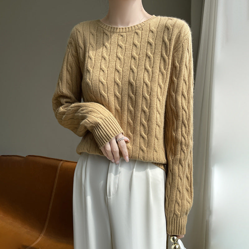Women's cable knit round neck sweater made of soft wool blend with ribbed cuffs Mune Fashion