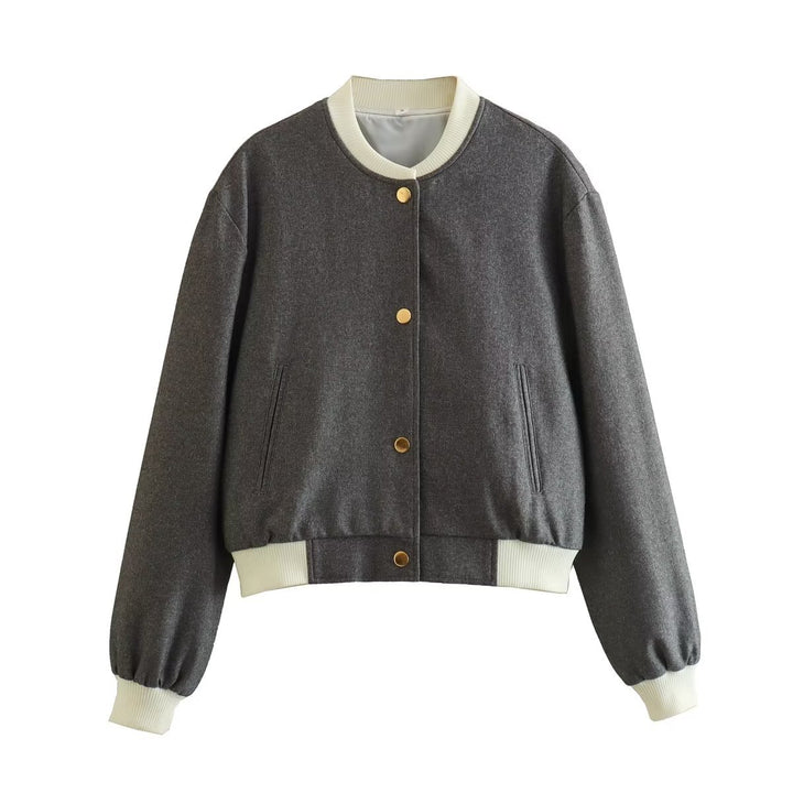 Women's Short Jacket in College Bomber Style with Concealed Snap Button Placket and Contrasting Ribbed Cuffs Mune Fashion