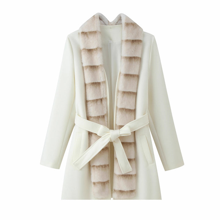 Women's Tailored Wool Blend Coat with Tie Belt and Removable Faux Fur Shawl Collar Mune Fashion