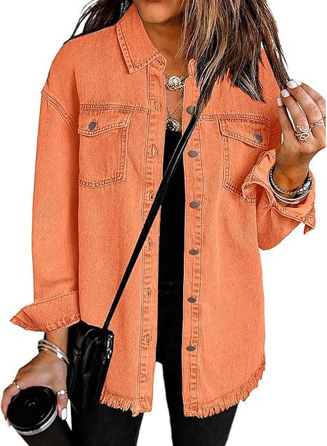 Women's Oversized Denim Shirt Jacket with Fringe Hem Mune Fashion