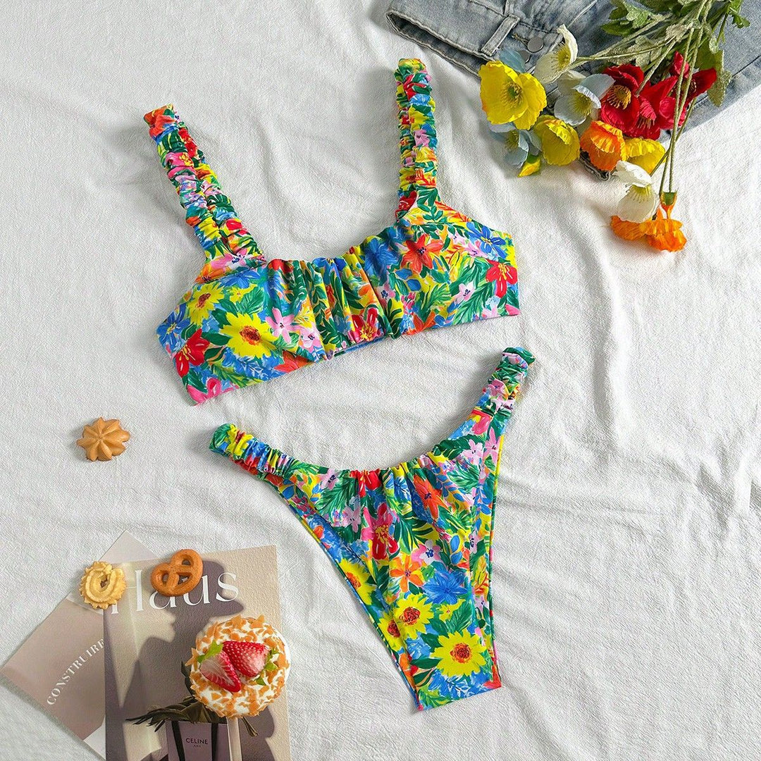 Women's Ultra-thin Floral Bikini with Elastic Ruffles Mune Fashion