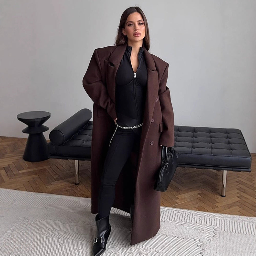 Women's Maxi-Length Wool Blend Coat with Boxy Oversized Silhouette and Distinctive Shoulders Mune Fashion