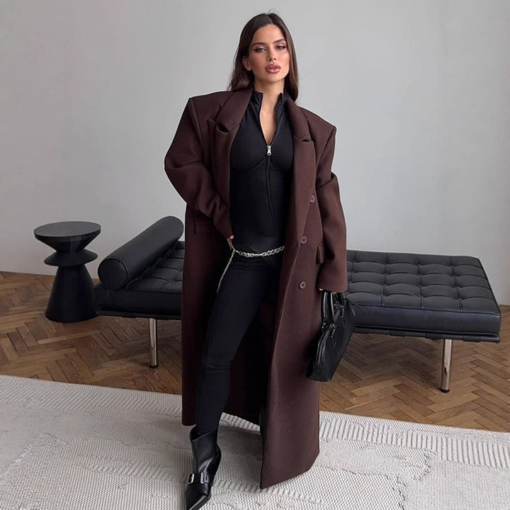 Women's Maxi-Length Wool Blend Coat with Boxy Oversized Silhouette and Distinctive Shoulders Mune Fashion