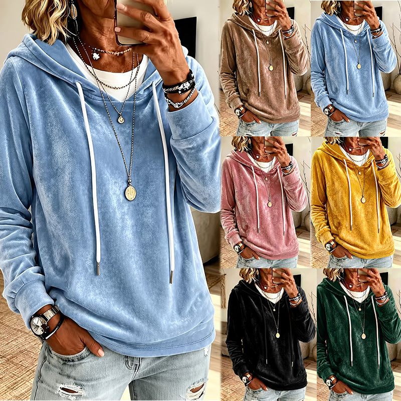 Women's Velvet Hooded Sweatshirt with Relaxed Fit and Drawstring Mune Fashion