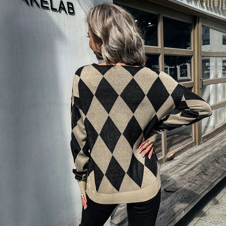 Women's diamond-pattern knitted sweater with loose fit and ribbed cuffs Mune Fashion