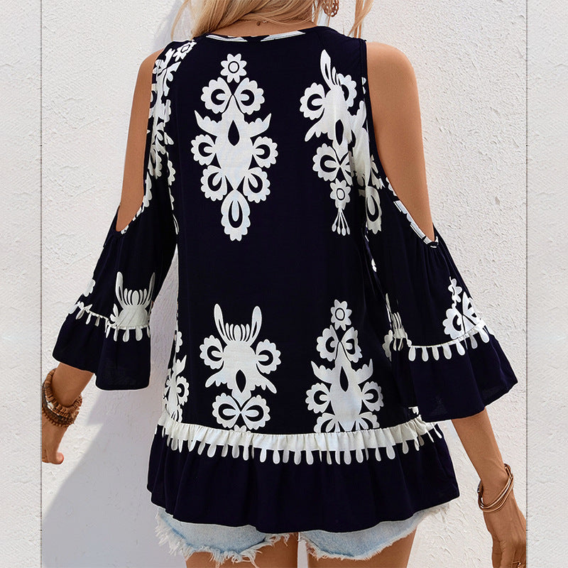 Women Elegant Blouse with Ruffles and Floral Pattern Mune Fashion