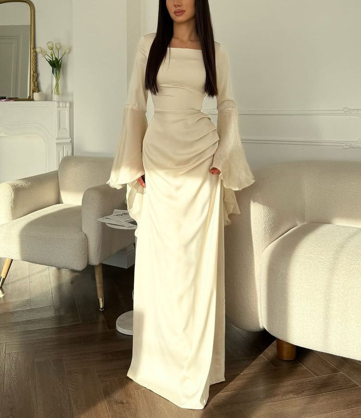 Women evening dress with square neckline, transparent bell sleeves and draped waist section Drune
