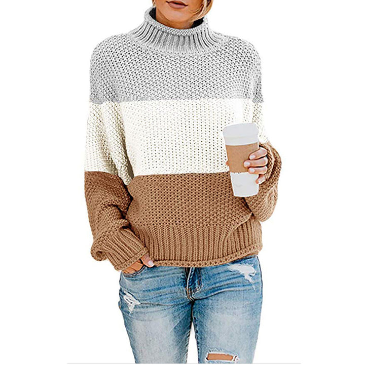 Women's chunky knit turtleneck sweater with oversized cut and block stripe design Mune Fashion