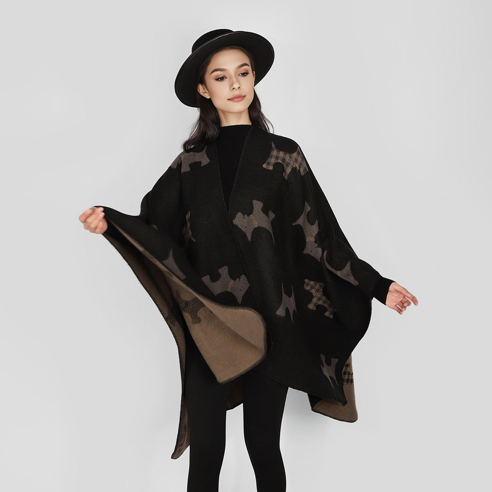Women Oversized Poncho with jacquard woven Terrier motif and contrasting lining Mune Fashion
