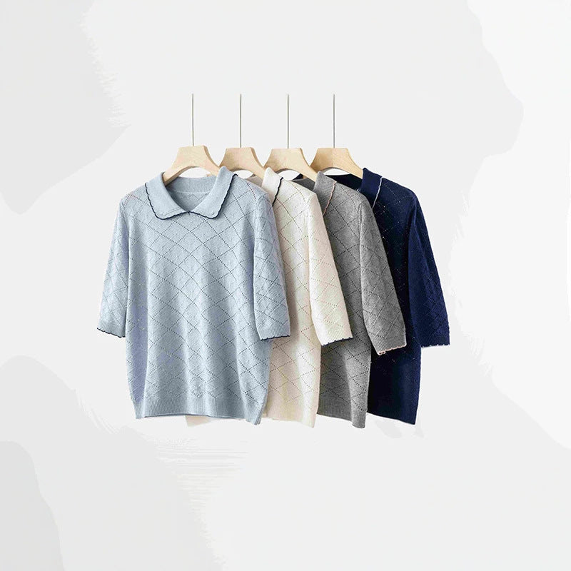 Women's short sleeve fine knit pullover with Peter Pan collar, eyelet diamond pattern and fine contrast edge Mune Fashion