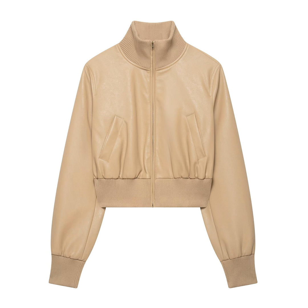 Women's short-cut leather blouson with high ribbed collar Mune Fashion