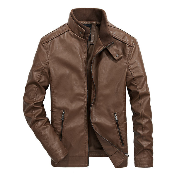 Men's faux leather motorcycle jacket in slim fit with high closing stand-up collar and diagonal chest zipper Mune Fashion