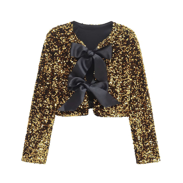 Women's sequin bolero jacket with double bow closure, padded lining and fitted cropped cut Mune Fashion