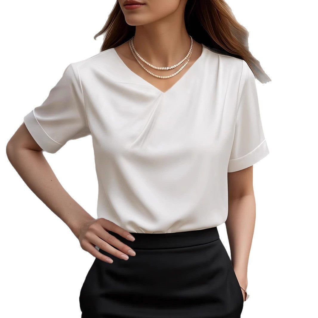 Women Elegant V Neck Blouse Shirt with Short Sleeve Design Mune Fashion