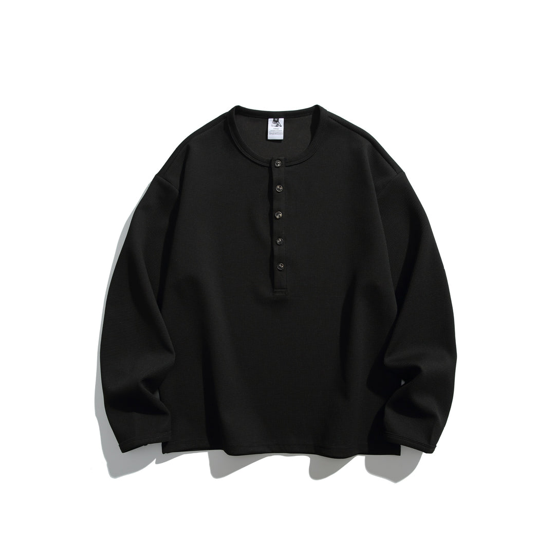 Unisex Waffle Knit Henley Shirt with Button Placket and Round Neckline Mune Fashion