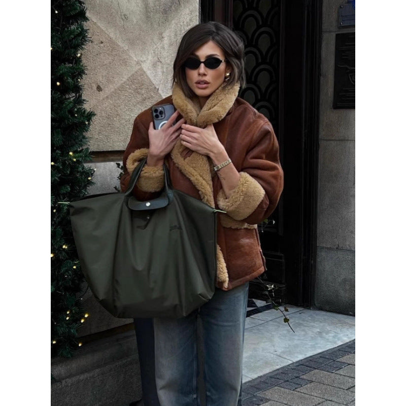 Women's Oversize Sheepskin-Look Aviator Jacket with Voluminous Shawl Collar Mune Fashion
