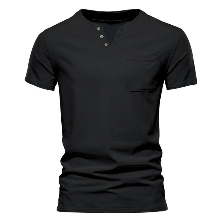 Men's tailored short sleeve Henley shirt with chest pocket and asymmetrical button placket Mune Fashion