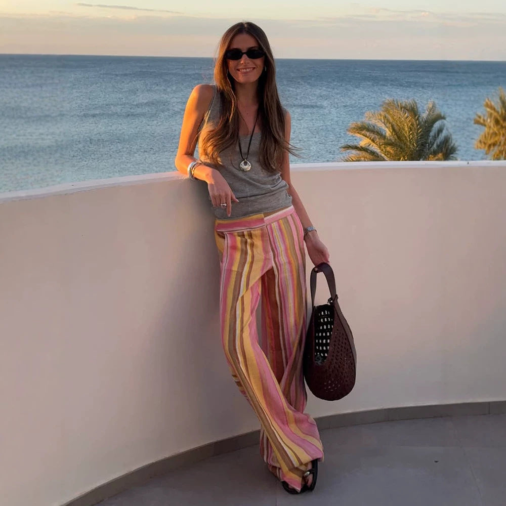 Women's Lightweight High-Waist Linen Pants with Wide Leg, Side Pockets & Long Side Slits Mune Fashion