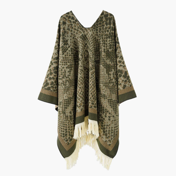 Women's Jacquard Poncho with V-Neck, Animal Print and Fringed Hem Mune Fashion