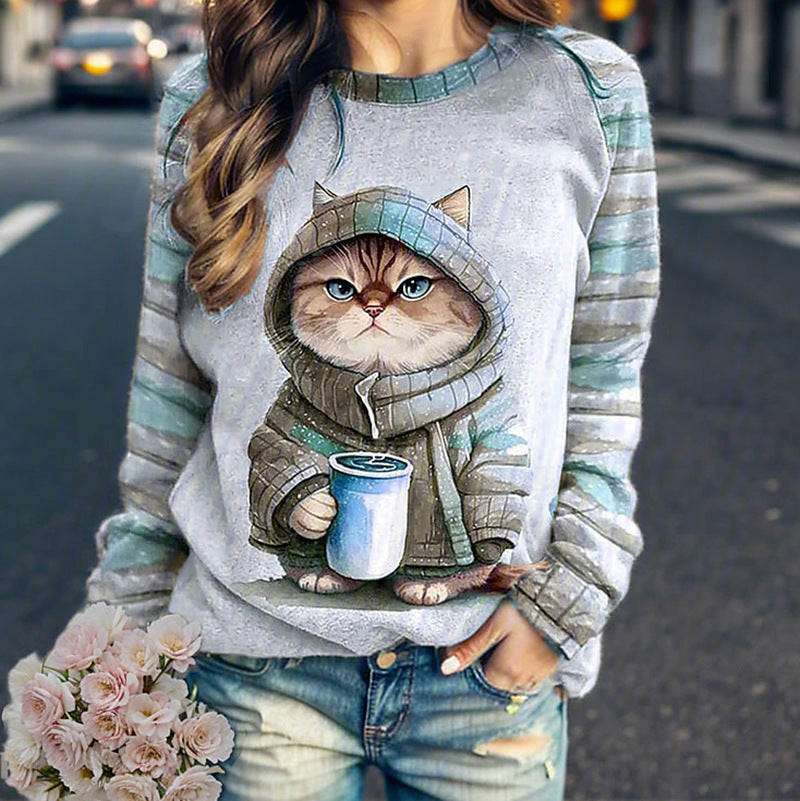 Women's casual sweatshirt with large kitten front print and striped raglan sleeves Mune Fashion