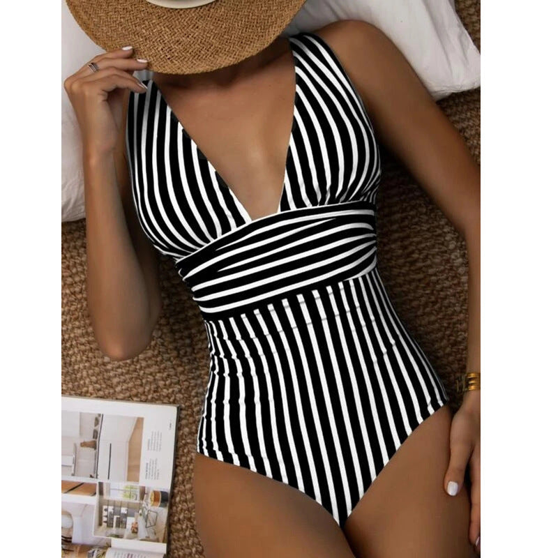 Women's One-Piece Swimsuit with Deep V-Neck and Fashionable Stripes Mune Fashion