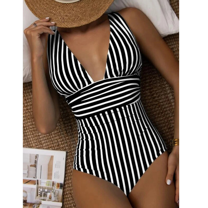 Women's One-Piece Swimsuit with Deep V-Neck and Fashionable Stripes Mune Fashion