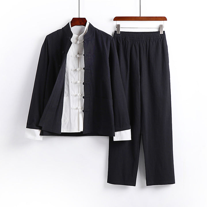 Men's Minimalist Mandarin Two-Piece Linen Blend with Decorative Knot Placket Mune Fashion