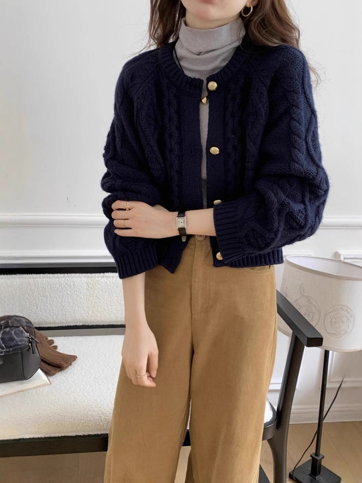 Women Short Cable Knit Cardigan with Gold Decorative Buttons Mune Fashion