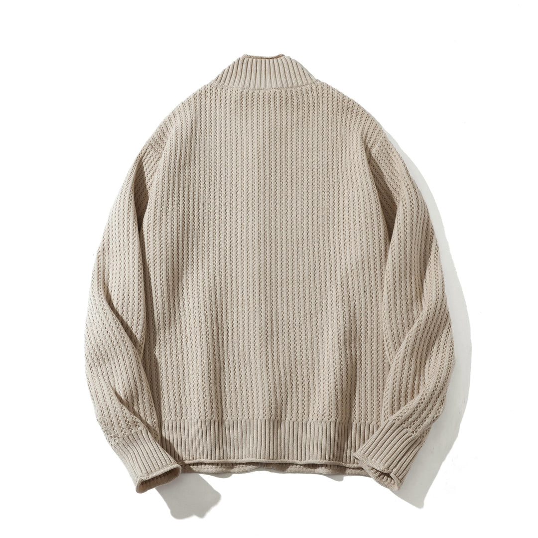 Unisex Structured Zip Sweater with High Ribbed Collar and Purl Pattern Mune Fashion