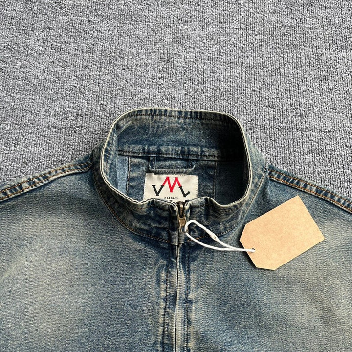 Men's denim pullover jacket in vintage look with half zip and stand-up collar Mune Fashion