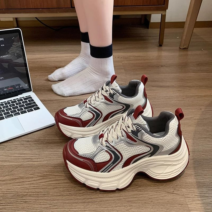 Women's Voluminous Chunky Sneakers with Breathable Mesh-PU Mix and Sculpted Wedge Sole Mune Fashion