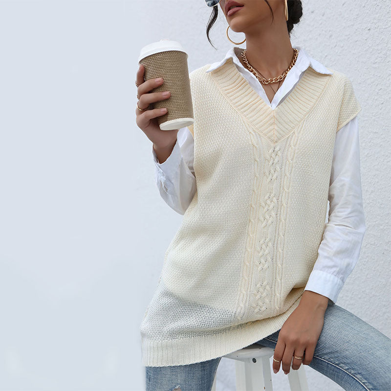 Ladies Long Knit Vest with Cable Pattern and V-Neck Mune Fashion